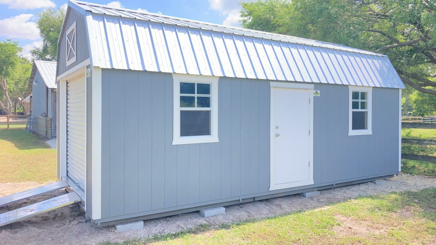 a grey 12x28 barn shed in florida