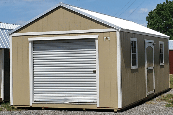 tan lofted garage sheds in lehigh acres fl with white trim and one white garage door