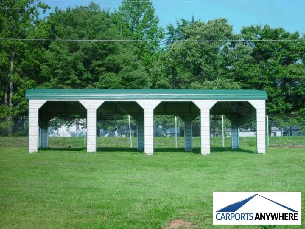 a metal carport with a green roof and 4 different parking spaces