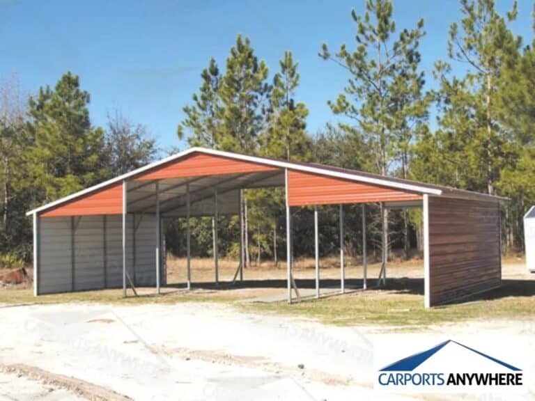 a large metal red/orange carport